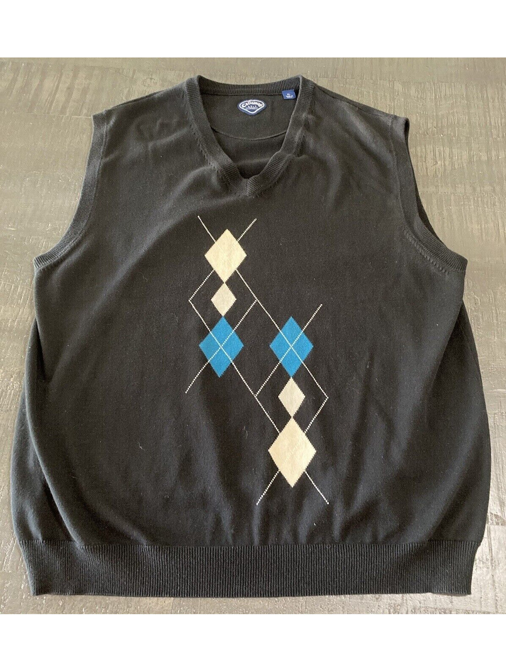 Callaway Golf Men's Sz XL Cotton Argyle V Neck Sweater Vest Black Preppy